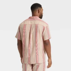 Men's Striped Linen-Blend Camp Shirt - Goodfellow & Coâ„¢ Beige/Pink