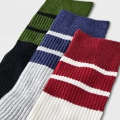 Men's Striped Ribbed Crew Socks 3pk - Goodfellow & Coâ„¢ Blue/Green/Red 6-12